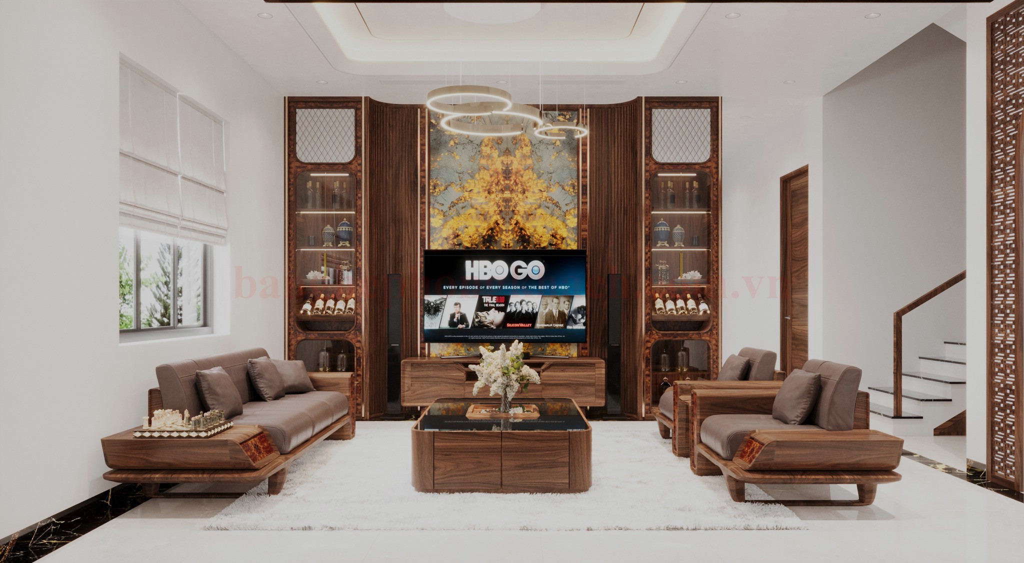 Bộ bàn ghế đệm da bò tự nhiên sang trọng trong phòng khách hiện đại