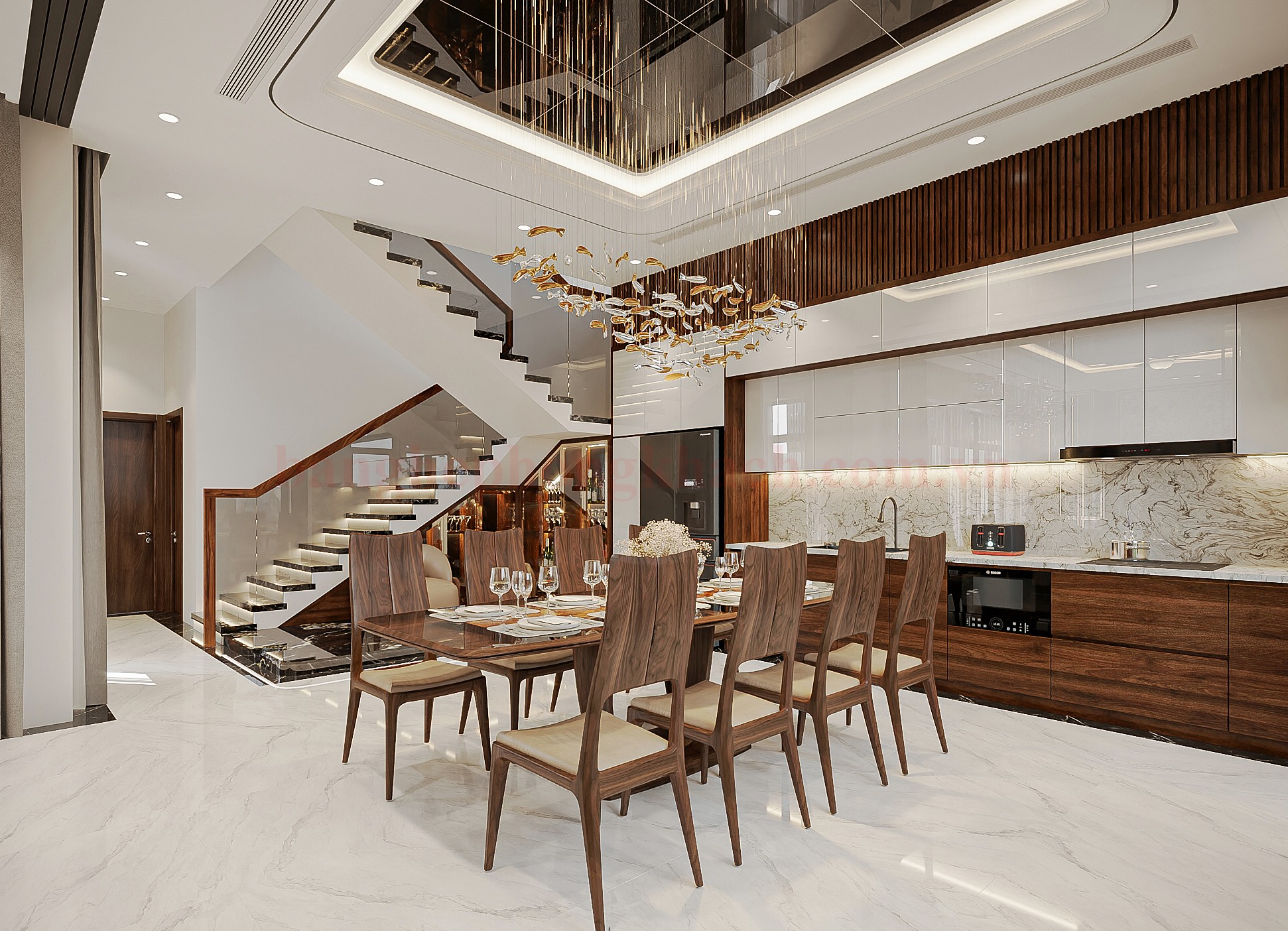 Bộ bàn ăn gỗ óc chó 8 ghế sang trọng trong phòng ăn hiện đại