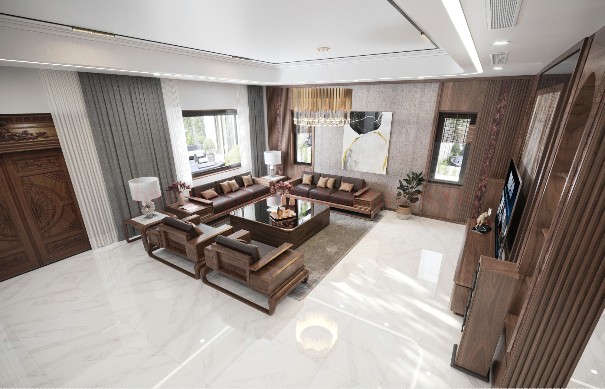 Bộ bàn ghế phòng khách gỗ đệm đẹp hiện đại trong không gian phòng khách sang trọng