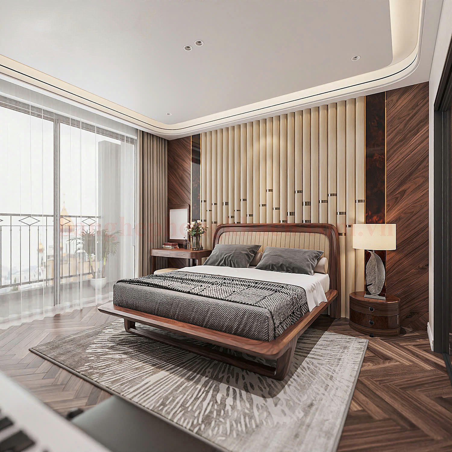 Giường ngủ gỗ óc chó cao cấp hiện đại trong phòng ngủ sang trọng