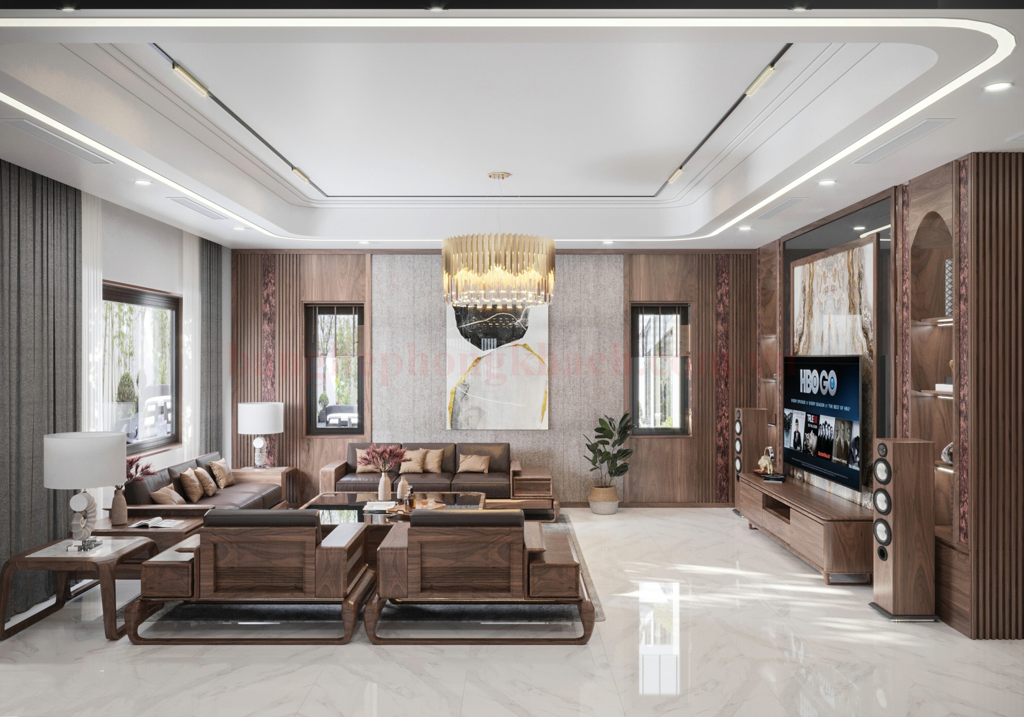 Nội thất phòng khách gỗ óc chó đẳng cấp với bộ sofa cao cấp và bàn trà hiện đại