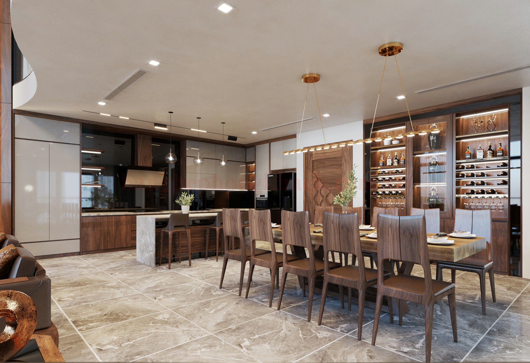 Phòng bếp biệt thự với bàn ăn gỗ Óc Chó sang trọng