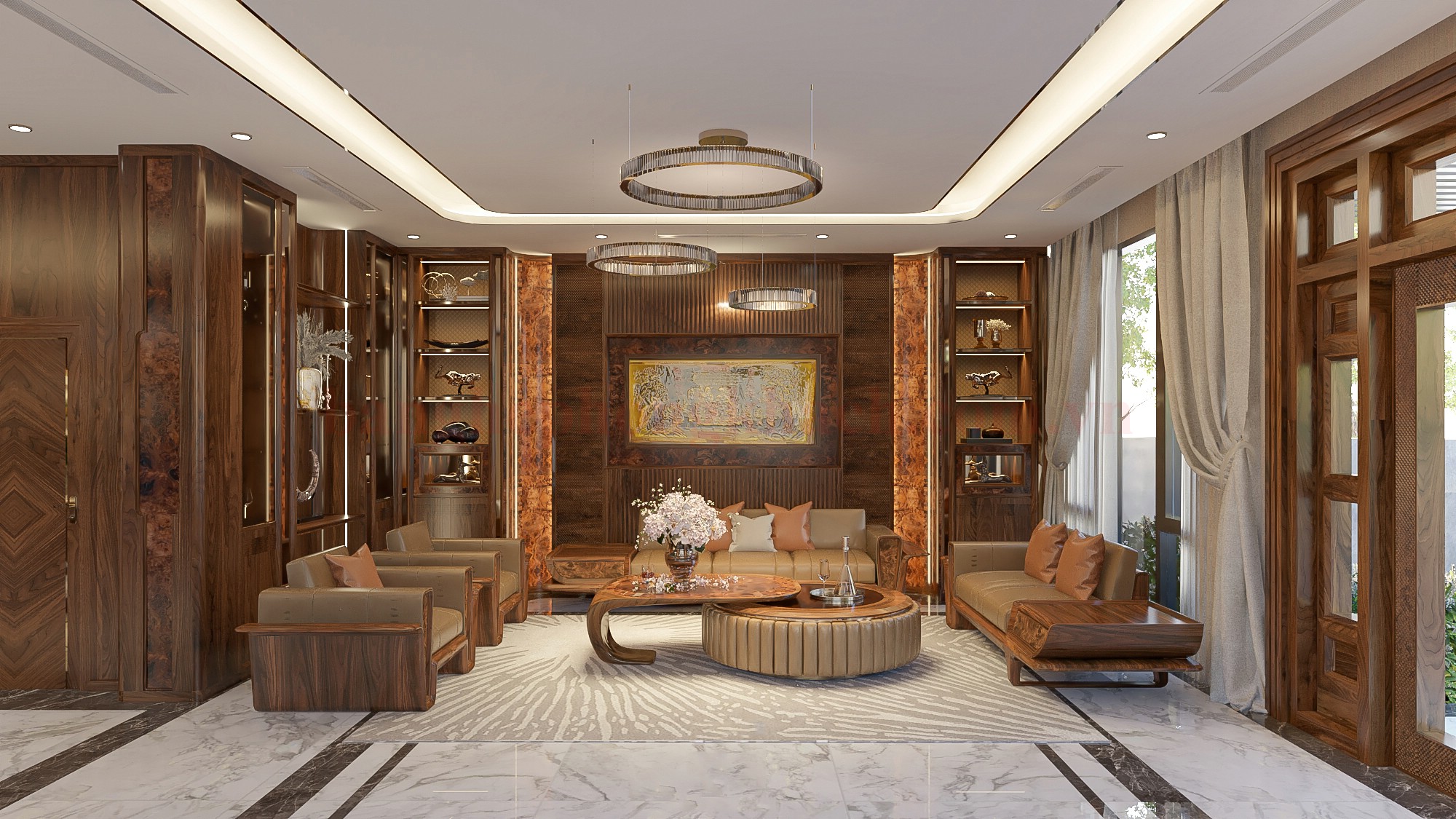 Sofa gỗ kết hợp da cao cấp trong phòng khách