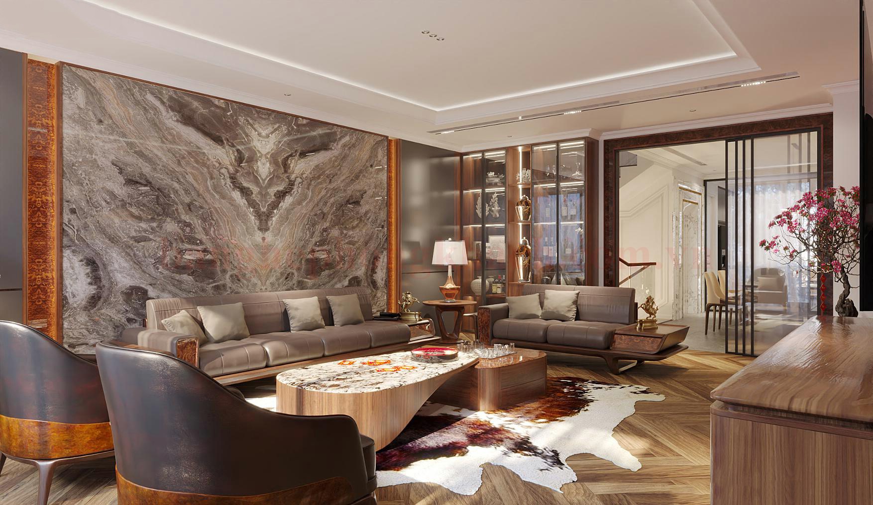 Mẫu sofa gỗ kết hợp đệm hiện đại trong phòng khách sang trọng